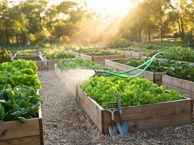 Community garden watering with flexible hose