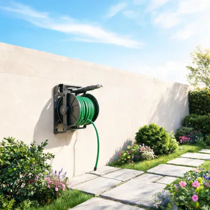 Retractable hose reel in a garden