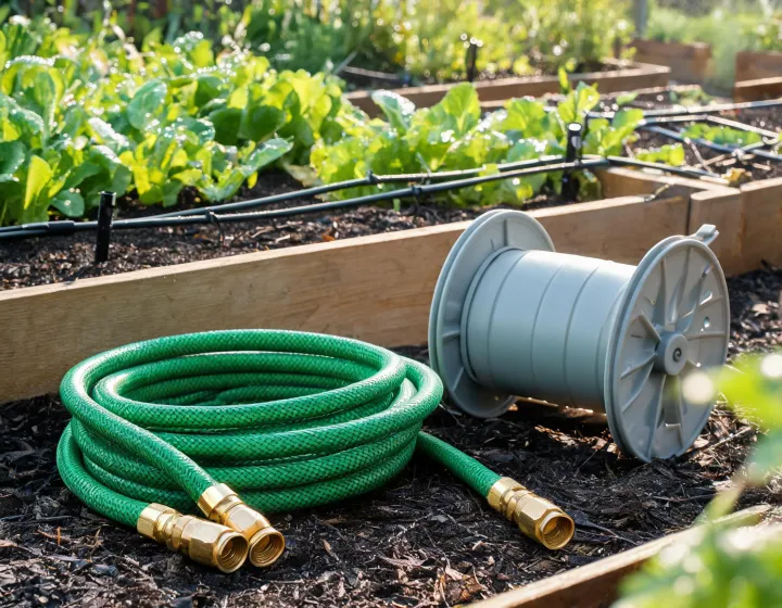 Flexzilla hose coiled beside drip irrigation in raised garden beds