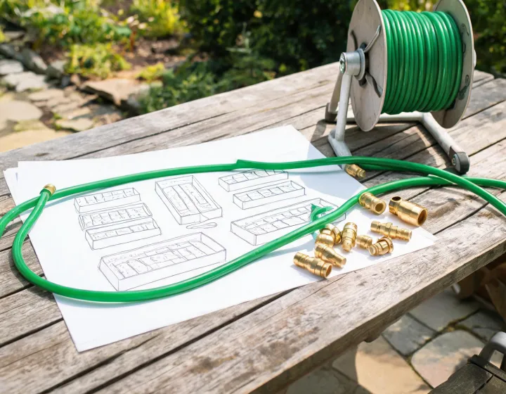 Garden hose route planning on a patio table